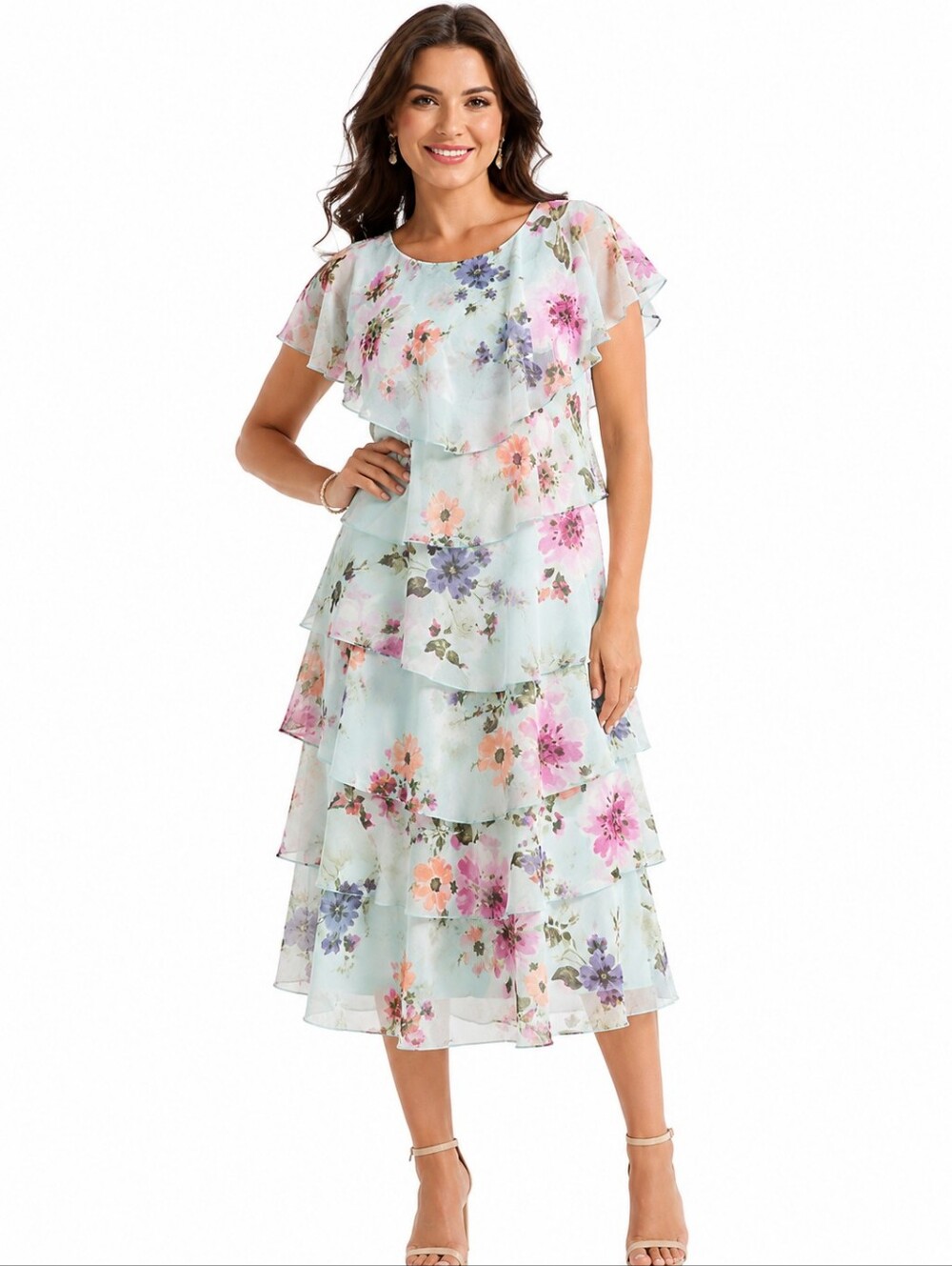 NWT SLNY Floral Tiered Chiffon Midi Dress Size 8 | MSRP $120